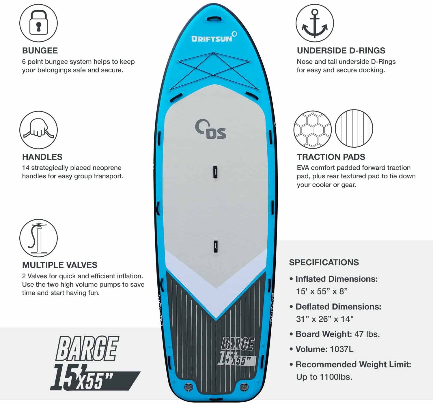 Driftsun Party Barge 15 Foot Inflatable Paddle Board, Large Multi Person Inflatable Stand Up SUP